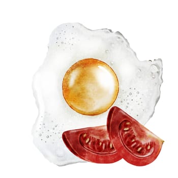 Fried eggs watercolor. Hand drawn breakfast with tomatoes on isolated white background. Food illustration. Ideal for restaurant menus and nutritionist blogs. High quality photo