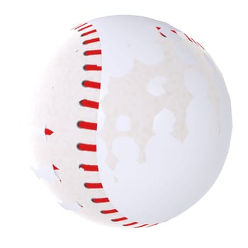 A slightly worn white baseball featuring prominent red stitching is displayed.