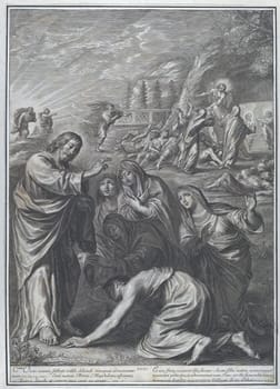 The Holy Women at Christ's Tomb engraving by Gregoire Huret, depicting the women discovering the empty tomb.
