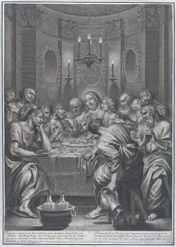 The Last Supper engraving by Gregoire Huret, depicting Jesus and his disciples at the Last Supper.