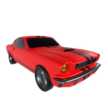 A vibrant red sports car features black racing stripes and shines under bright light.