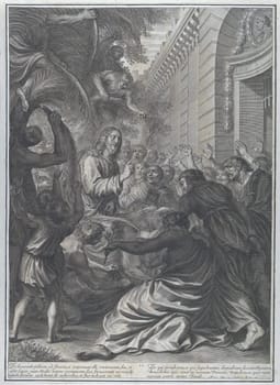 Christ's Entrance into Jerusalem engraving by Gregoire Huret, 1664, depicting the Triumphal Entry of Christ into Jerusalem with dramatic Baroque style and intricate details.