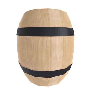 A traditional wooden barrel features black metal bands and a natural finish.