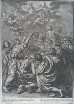 A black and white engraving of Christ ascending to heaven, surrounded by angels and disciples. The scene is dramatic and detailed, with figures in various poses and expressions.