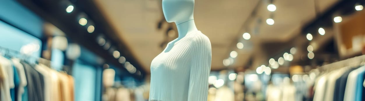 A woman's mannequin stands in front of a clothing store. High quality photo