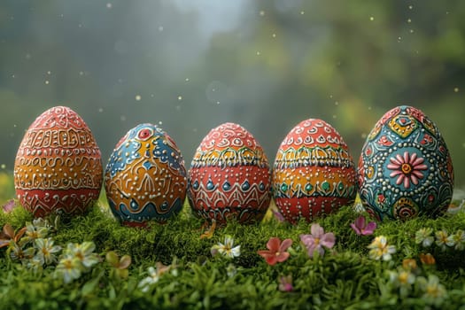 A set of vibrant Easter eggs beautifully displayed among the lush greenery and blooming flowers all around