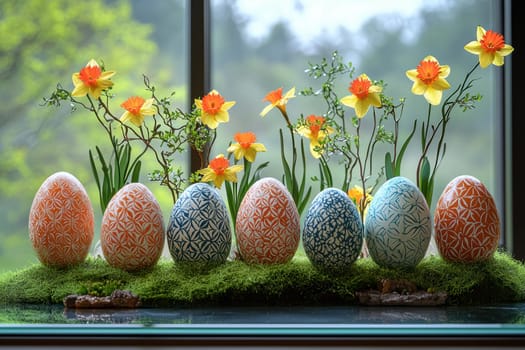 A lively display of decorated Easter eggs with blooming daffodils, perfect for welcoming springs joys