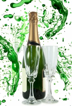 bottle champagne with two glasses isolated on ai generated background