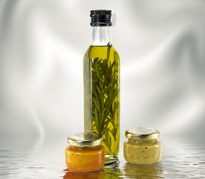 bottle olive oil with oregano isoalted on ai generated background