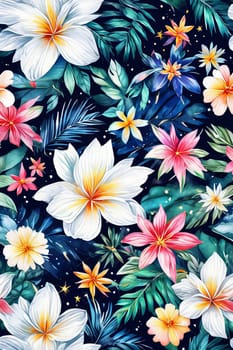 Lush floral pattern with vibrant pink, white petals against deep blue background. Dynamic leaves add depth, for projects needing fresh, nature inspired design, poster, greeting card, print, background