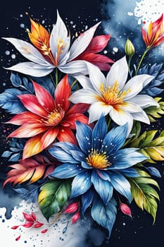 Enchanting floral scene featuring vivid flowers, lush greenery on starry backdrop, for creative designs seeking blend of natural beauty, cosmic charm, poster, greeting card, print, background, textile