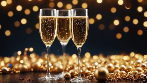 Two elegant champagne flutes filled with bubbly liquid sit on a table surrounded by festive golden decorations, illuminated by soft, sparkling lights creating a joyous atmosphere.