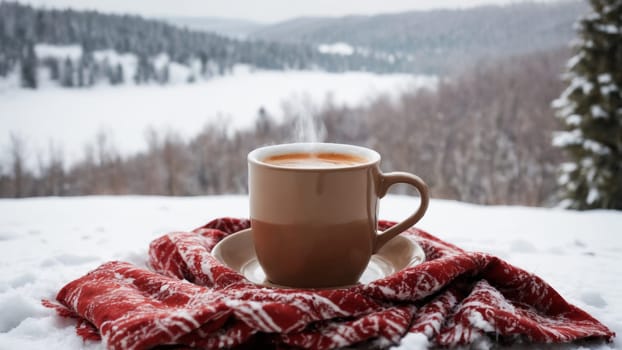 A cozy cup of steaming coffee rests on a knitted blanket, framing a serene winter landscape filled with snow-covered trees and distant mountains, inviting relaxation and warmth.