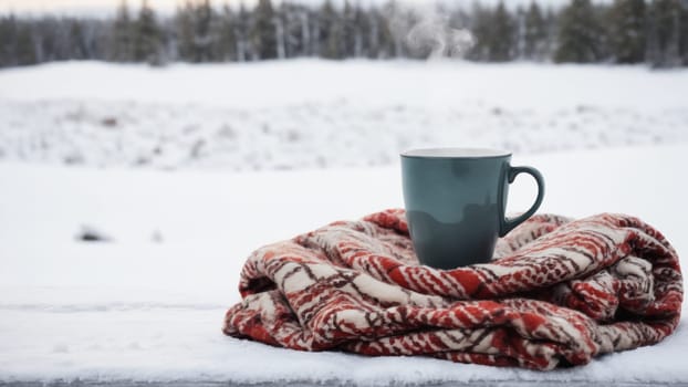 A steaming cup of coffee sits atop a plaid blanket, nestled against a backdrop of serene snow-covered hills, reflecting the warm glow of a winter sunset in the distance.