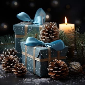 Gift boxes decorated with wrapping paper and ribbons in blue and gold tones. High quality photo