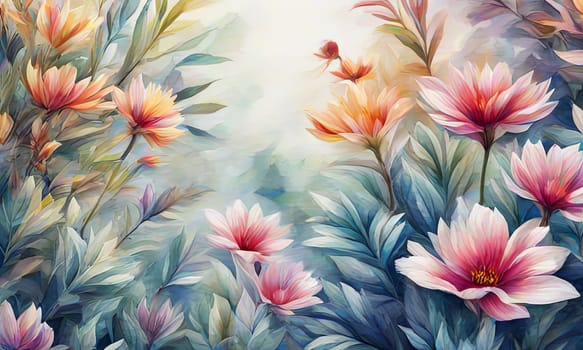 Stunning floral design featuring colorful blossoms, lush leaves. Pink white petals create captivating contrast. For project needing bold, dynamic visual with touch of nature, greeting card, background