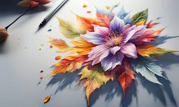 Stunning floral design featuring colorful blossoms, lush leaves. Pink white petals create captivating contrast. For project needing bold, dynamic visual with touch of nature, greeting card, background
