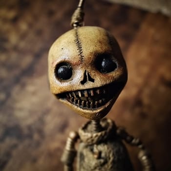 A creepy looking doll with a skull on its face and a rope around its neck. The doll has a creepy and unsettling appearance, which makes it an interesting and eerie piece of art