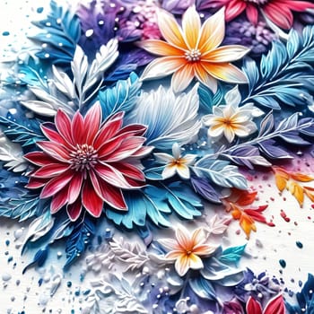 Stunning floral design featuring colorful blossoms, lush leaves. Pink white petals create captivating contrast. For project needing bold, dynamic visual with touch of nature, greeting card, background