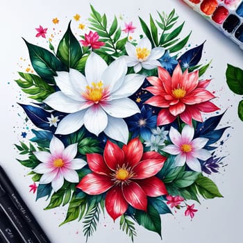Stunning floral design featuring colorful blossoms, lush leaves. Pink white petals create captivating contrast. For project needing bold, dynamic visual with touch of nature, greeting card, background