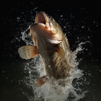 A fish is leaping out of the water, with its mouth open and its gills exposed. The image captures the excitement and energy of the fish as it jumps out of the water