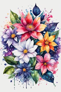 Stunning floral design featuring colorful blossoms, lush leaves. Pink white petals create captivating contrast. For project needing bold, dynamic visual with touch of nature, greeting card, background