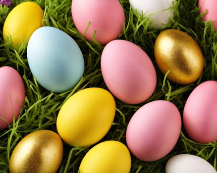 A bunch of eggs with gold and pink stripes on them. The eggs are in a field of grass