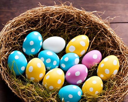 A basket full of colorful eggs with white dots on them. The eggs are in a nest made of straw