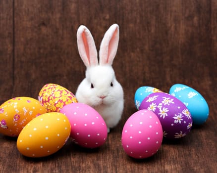 A white rabbit is standing in front of a bunch of Easter eggs. The eggs are in various colors and designs, including pink, purple, and blue. Concept of joy and celebration