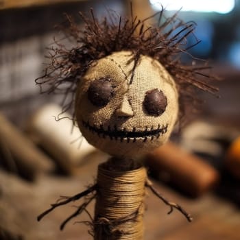 A creepy doll with a scary face and a creepy expression. The doll is made of straw and has a creepy look to it