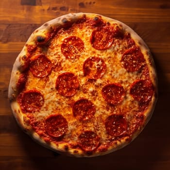 A pizza with pepperoni on it. The pizza is sitting on a wooden table. The pizza is very large and has a lot of pepperoni on it