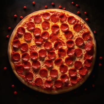 A pizza with pepperoni on it. The pizza is on a table with a lot of pepperoni scattered around it