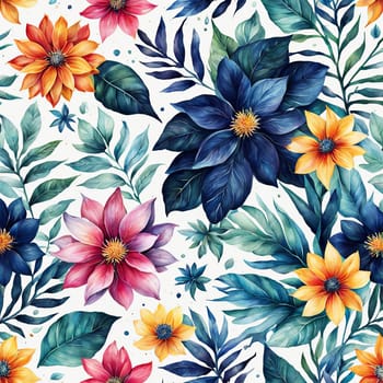 Stunning floral design featuring colorful blossoms, lush leaves. Pink white petals create captivating contrast. For project needing bold, dynamic visual with touch of nature, greeting card, background