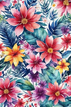 Stunning floral design featuring colorful blossoms, lush leaves. Pink white petals create captivating contrast. For project needing bold, dynamic visual with touch of nature, greeting card, background