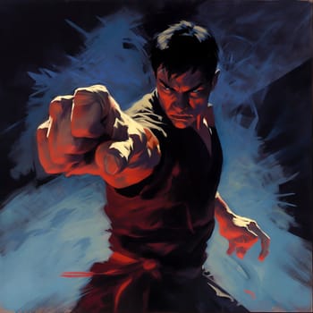 A man is punching the air. A man in a red shirt with his fist raised
