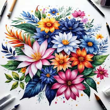 Stunning floral design featuring colorful blossoms, lush leaves. Pink white petals create captivating contrast. For project needing bold, dynamic visual with touch of nature, greeting card, background