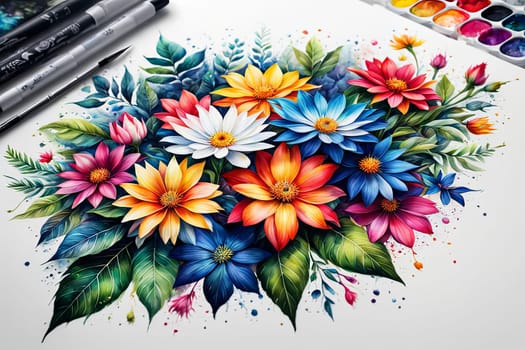 Stunning floral design featuring colorful blossoms, lush leaves. Pink white petals create captivating contrast. For project needing bold, dynamic visual with touch of nature, greeting card, background