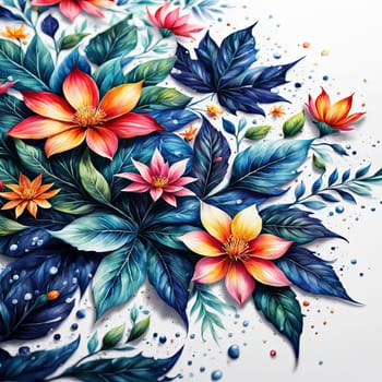 Stunning floral design featuring colorful blossoms, lush leaves. Pink white petals create captivating contrast. For project needing bold, dynamic visual with touch of nature, greeting card, background