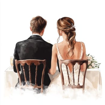 Image of the bride and groom in wedding dresses. They are sitting on chairs at the wedding table. Rear view. High quality photo