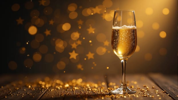 A tall glass filled with sparkling golden liquid stands on a wooden surface, surrounded by a magical display of golden stars and soft lights, creating a festive atmosphere perfect for celebrations.