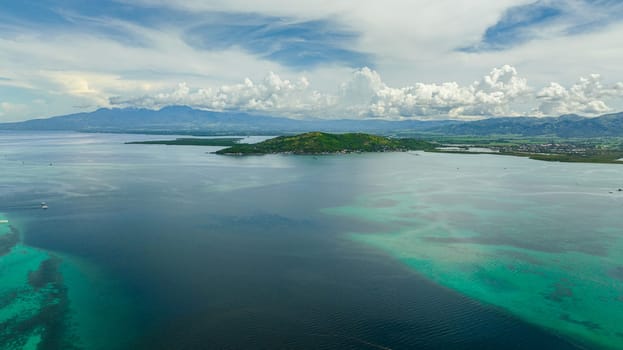 Aerial drone of blue sea and Negros island view from the sea. Philippines.