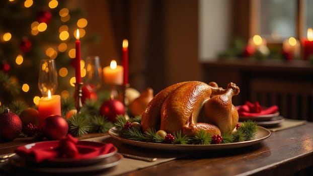 A beautifully arranged holiday table showcases a golden roasted turkey surrounded by festive decor. The warm glow of candles and a decorated tree create a cozy atmosphere for gathering.