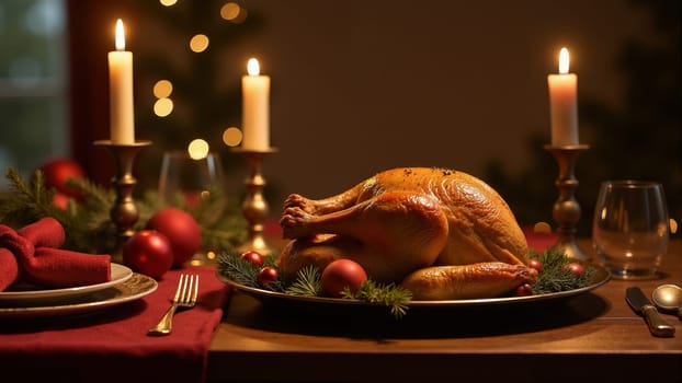 A beautifully arranged holiday table showcases a golden roasted turkey surrounded by festive decor. The warm glow of candles and a decorated tree create a cozy atmosphere for gathering.