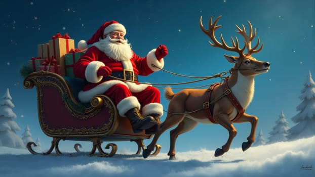 In a magical winter landscape, a jolly Santa Claus waves from his decorated sleigh, pulled by a spirited reindeer while surrounded by softly falling snow. Gifts pile high behind him, spreading cheer.