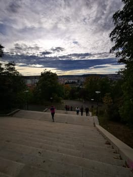 A group of individuals descends a broad staircase surrounded by trees, enjoying the expansive skyline view as the sun sets on a cloudy day in the city.