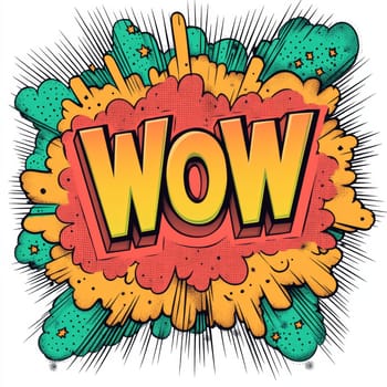 wow. The word is written in the style of a comic book or cartoon illustration. High quality photo