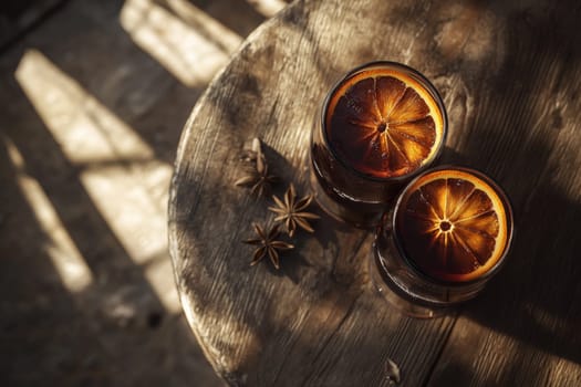 Hot spicy mulled wine on a wooden table. High quality photo