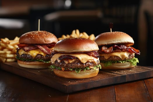 Three juicy tasty hamburgers lie on a wooden table in a bar or cafe. High quality photo