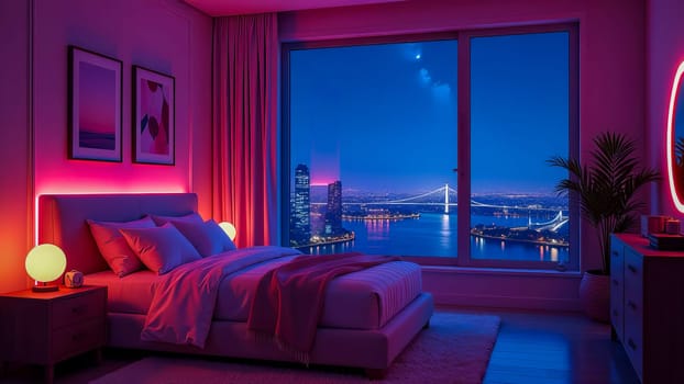 Bedroom interior with large window and night cityscape with neon lights.