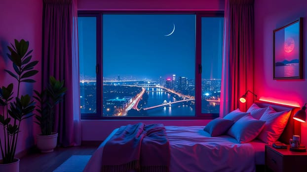 Bedroom interior with large window and night cityscape with neon lights.